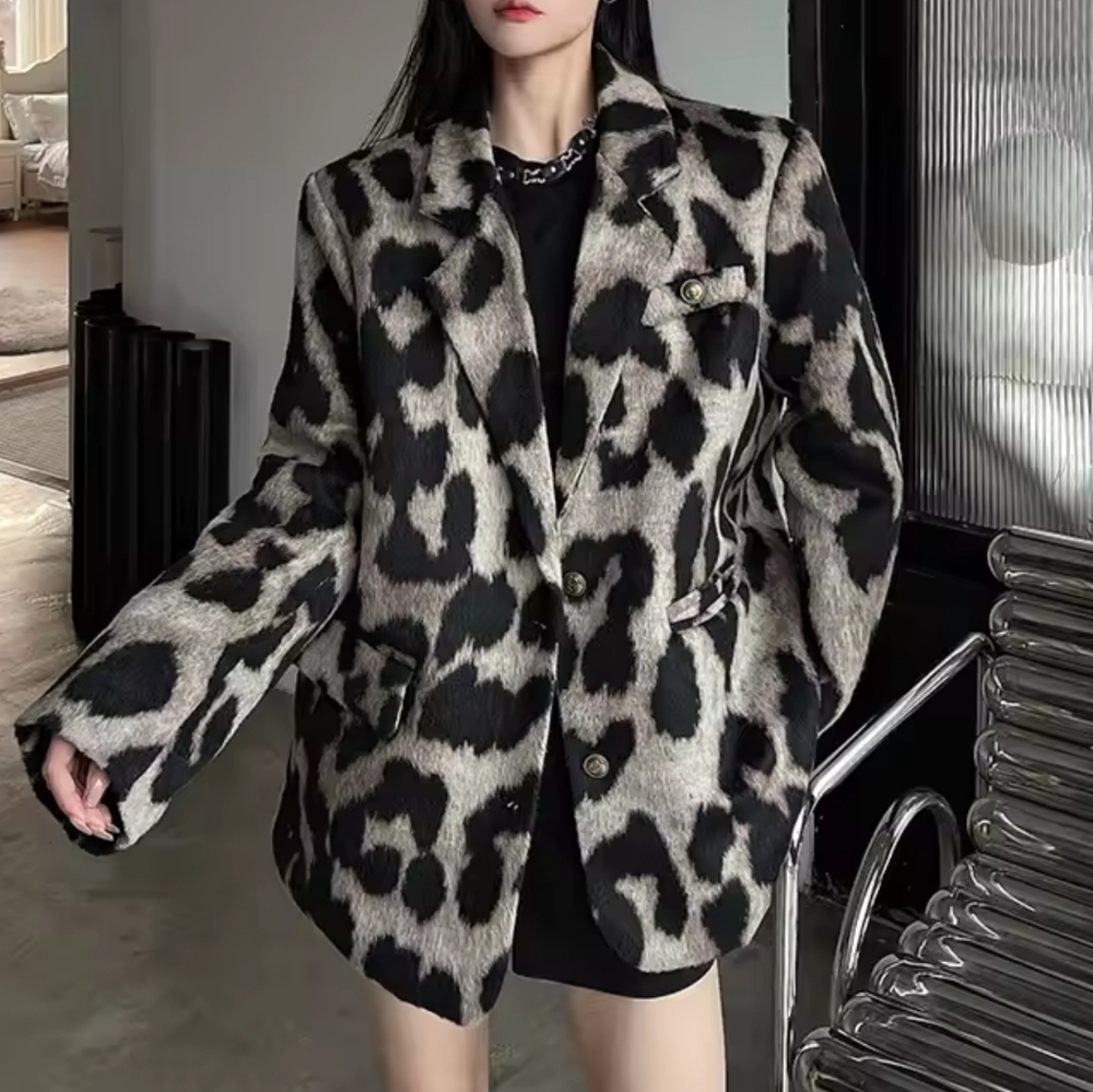 Leopard Print Coat Women Autumn Winter Korean Style Niche Design Loose SuitJacke - Picture 1 of 6